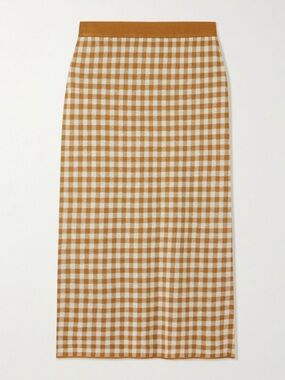 Gingham Midi Skirt in Camel and Cream